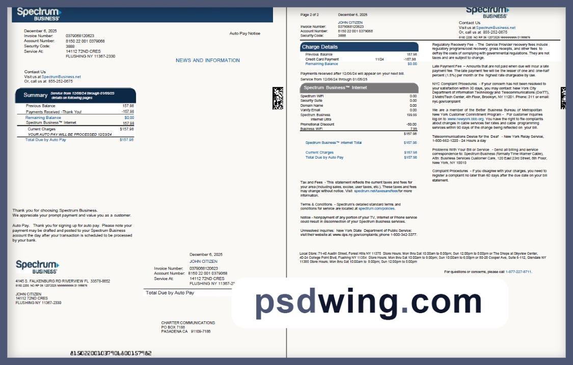 USA Spectrum Business Utility Bill (2 Pages, Version 2)